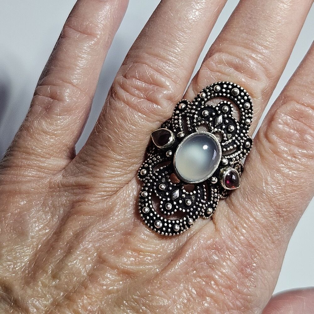 Vntg Sterling Silver Blue Glass Cabochon And Pink Rubellite Accent Ring Size 9